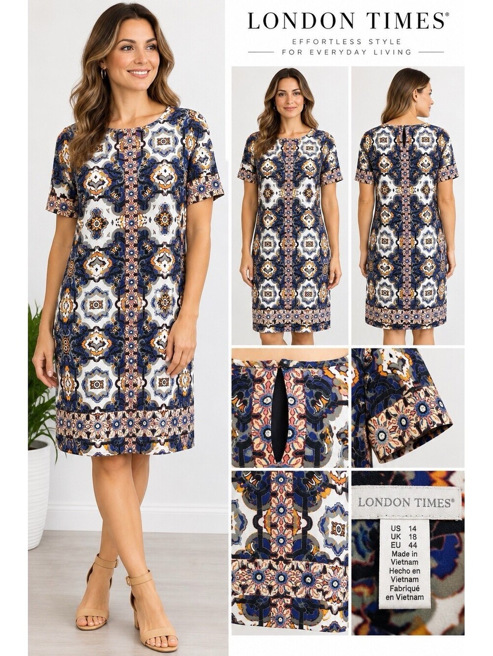 London Times Size 14 Medallion Tile Print Shift Dress Short Sleeve NWOT
